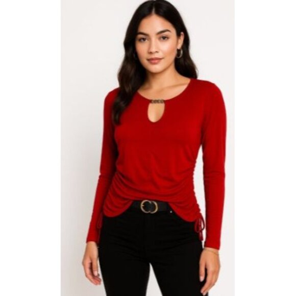 Fever Red Velvet Large Ruched Top  Long Sleeve Chain Keyhole Club Party Shirt - Picture 6 of 9